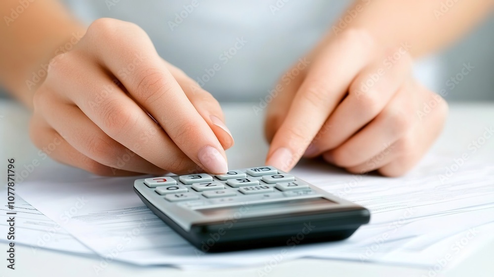 Close-Up of Hands Using Calculator on Desk Surrounded by Financial Documents, Focused on Budgeting and Calculation Process in an Office Environment Close-Up of Hands Using Calculator on Desk Surrounded by Financial Documents, Focused on Budgeting and Calculation Process in an Office Environment