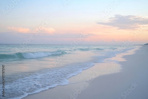  A peaceful beach at dawn, where the first light of day turns the sky pale pink and blue, and the gentle waves lap against the sandy shore. 