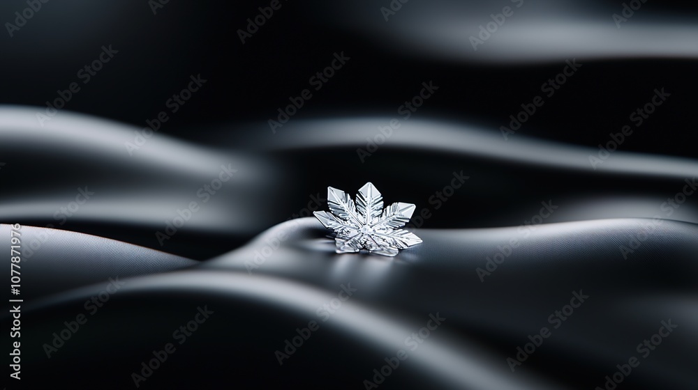 Elegant Crystal Snowflake on Smooth Black Satin Fabric, Capturing Its Intricate Details and Reflections, Perfect for Winter-themed Designs and Greetings Elegant Crystal Snowflake on Smooth Black Satin Fabric, Capturing Its Intricate Details and Reflections, Perfect for Winter-themed Designs and Greetings