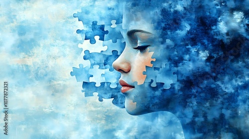 A close-up of a thoughtful young girl with puzzle-shaped clouds drifting, symbolizing fragmented memories and dementia