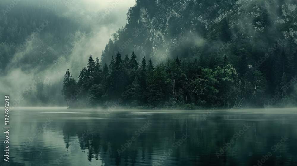A lake shrouded in mist, the surrounding forest barely visible through the fog, creating a mysterious, serene scene A lake shrouded in mist, the surrounding forest barely visible through the fog, creating a mysterious, serene scene