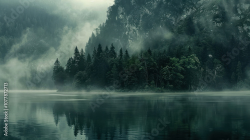 A lake shrouded in mist, the surrounding forest barely visible through the fog, creating a mysterious, serene scene