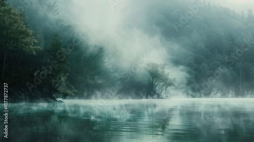 Wallpaper Mural A lake shrouded in mist, the surrounding forest barely visible through the fog, creating a mysterious, serene scene Torontodigital.ca