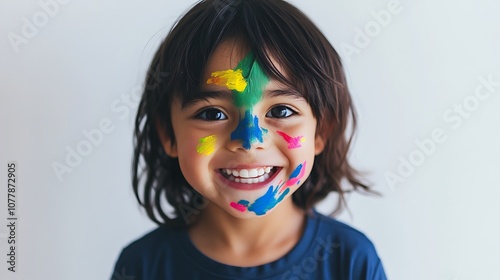 Child with Colorful Face Paint and Bright Smile photo