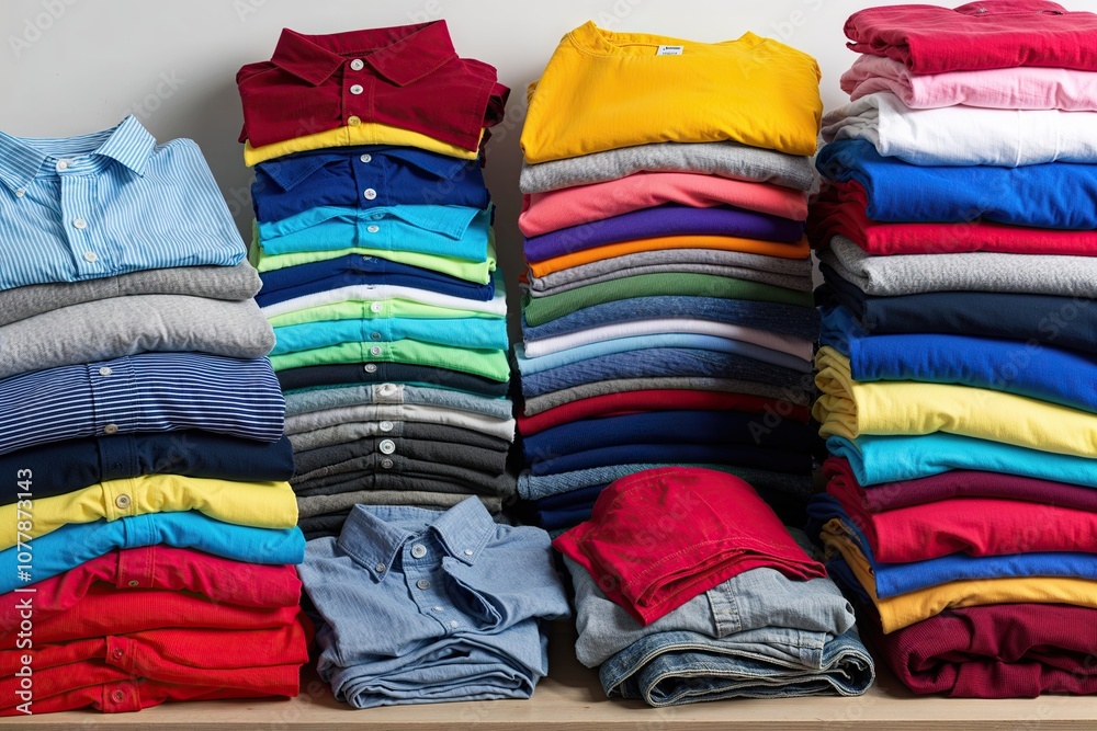 Vibrant Assorted T-shirts and Clothing Displayed in Neat Laundry Environment Vibrant Assorted T-shirts and Clothing Displayed in Neat Laundry Environment