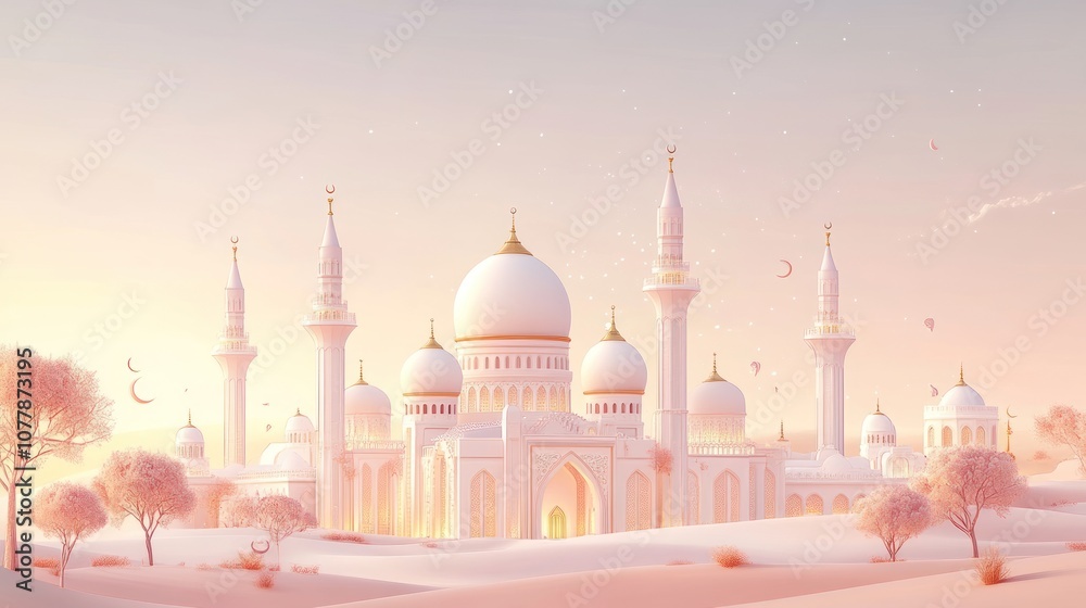 custom made wallpaper toronto digitalA White Mosque in a Desert Landscape with Pink Trees and a Golden Sunset