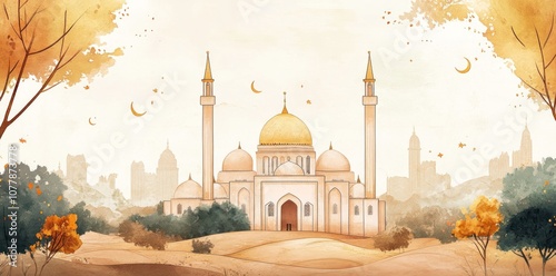 Watercolor Painting of a Mosque with Golden Domes and Minarets photo