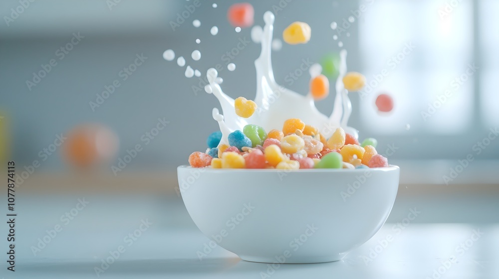 Vibrant Breakfast Delight Close-Up of Colorful Fruit-Topped Cereal Bowl with Milk Splashing in a Bright Airy Kitchen - Perfect Morning Scene for Healthy Eating and Culinary Inspira Vibrant Breakfast Delight Close-Up of Colorful Fruit-Topped Cereal Bowl with Milk Splashing in a Bright Airy Kitchen - Perfect Morning Scene for Healthy Eating and Culinary Inspira