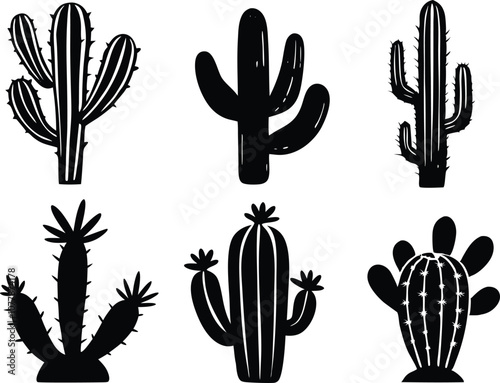 collection of cactus desert silhouettes cacti black vector agaves, joshua tree