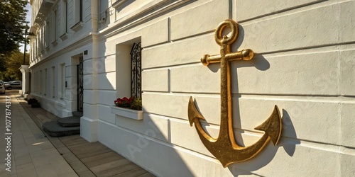 Stunning 3D Illustration of a Gold Anchor on a White Wall - Perfect for Nautical Decor, Coastal Living, and Modern Interiors photo