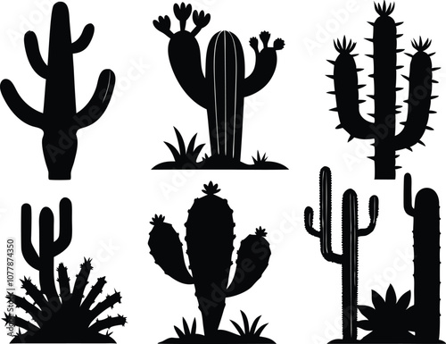 collection of cactus desert silhouettes cacti black vector agaves, joshua tree