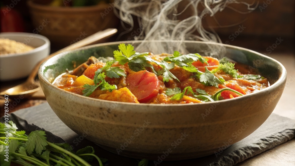 Cinematic Side View of Steaming Bowl of Delicious Food, Gourmet Cuisine, Aromatic Ingredients, Fresh Herbs, Warm Lighting, Close-up, Culinary Art Cinematic Side View of Steaming Bowl of Delicious Food, Gourmet Cuisine, Aromatic Ingredients, Fresh Herbs, Warm Lighting, Close-up, Culinary Art