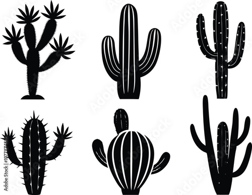 collection of cactus desert silhouettes cacti black vector agaves, joshua tree