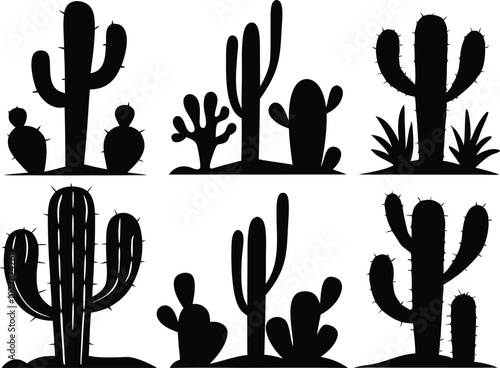 collection of cactus desert silhouettes cacti black vector agaves, joshua tree