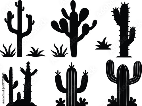 collection of cactus desert silhouettes cacti black vector agaves, joshua tree