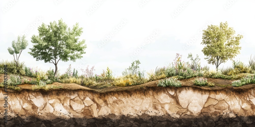 Fototapeta premium Soil Erosion Prevention : Landscape showing efforts to prevent soil erosion with plants, terraces, and natural barriers