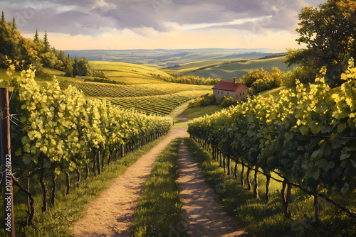 Sun-Kissed Vineyard: A Serene Landscape of Lush Vines and Ripe Grapes, Perfect for Wine Lovers and Nature Enthusiasts