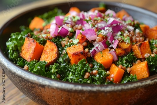 Roasted Sweet Potato and Kale Salad with Red Onion and Quinoa