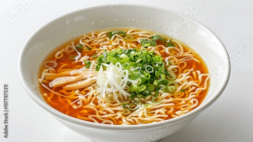 Ramen soup with boiled eggs and parsley isolated on white background