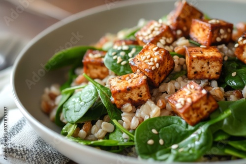 Sesame-Crusted Tofu with Barley, Spinach, and Sesame Seeds