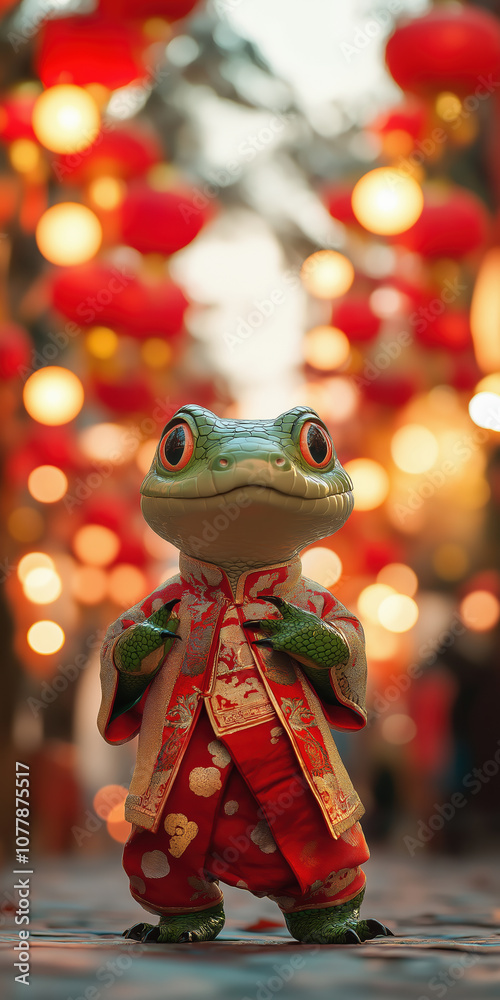 Festive lizard in traditional attire amidst glowing lanterns during celebration Festive lizard in traditional attire amidst glowing lanterns during celebration