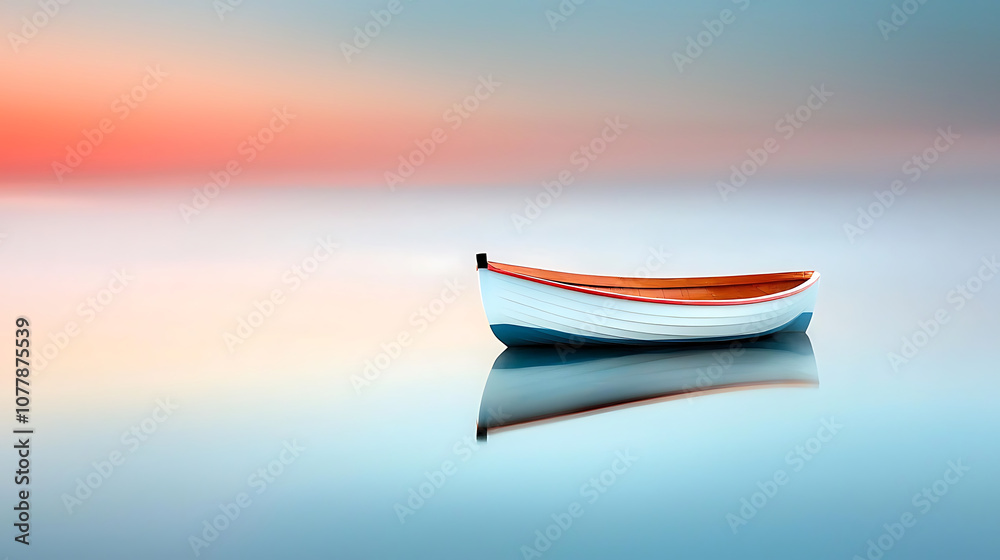 serene white boat floats on still lake, reflecting soft pastel colors of dawn. calm water creates tranquil atmosphere, perfect for peaceful moments serene white boat floats on still lake, reflecting soft pastel colors of dawn. calm water creates tranquil atmosphere, perfect for peaceful moments