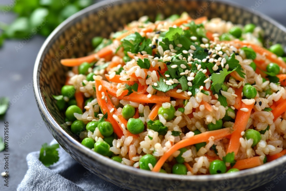 Close-up of a Bowl of Brown Rice with Carrots, Peas, and Sesame Seeds Close-up of a Bowl of Brown Rice with Carrots, Peas, and Sesame Seeds