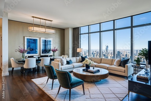 Elegant Downtown Apartment Featuring Chic Dining Nook and Stunning Panoramic Views from Stylish Living Room photo