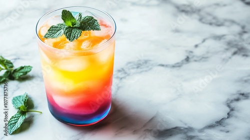 Colorful Summer Cocktail with Ice and Mint Garnish on Marble Background