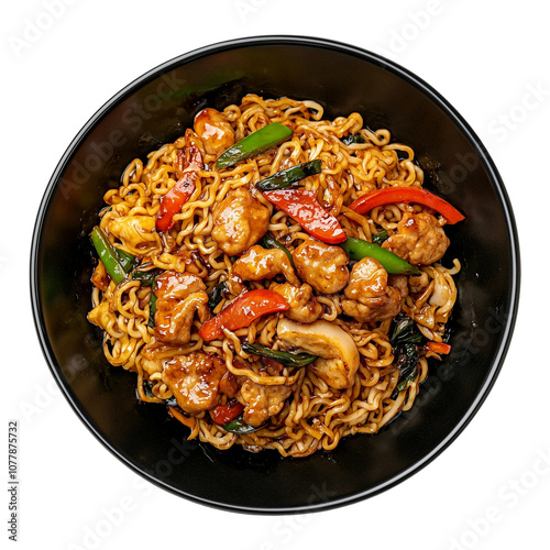 Delicious bowl of stir-fried noodles with chicken and vegetables isolated on a transparent background, Top view