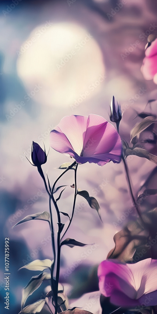 Obraz premium Dreamy morning glory blossoms against a mystical bokeh background