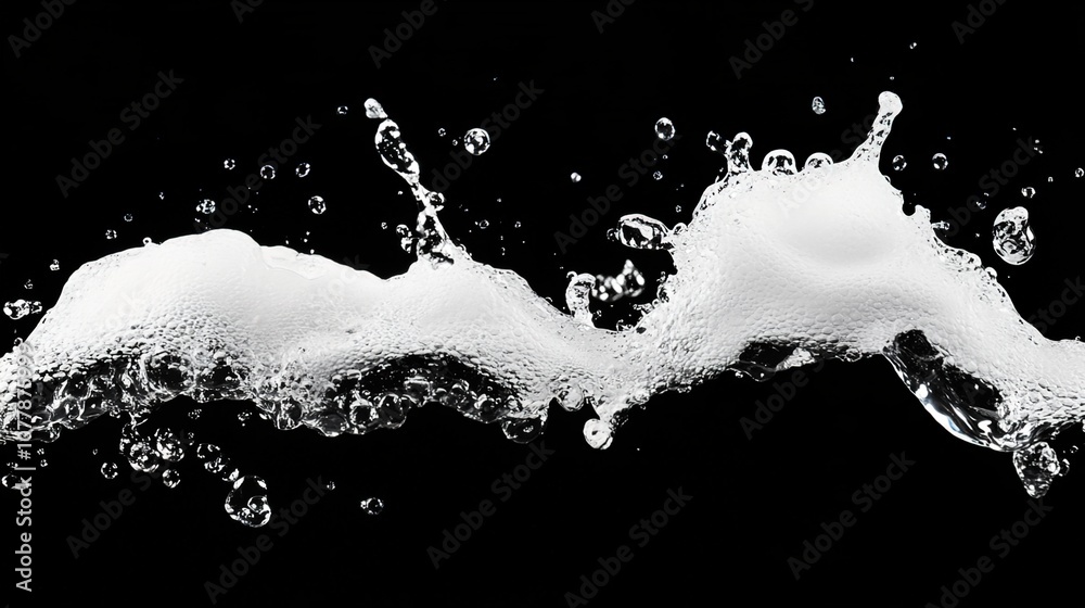 Obraz premium High-Speed Capture of Water Splash with Bubbles and Foam on Black Background, Perfect for Artistic and Commercial Use in Food or Beverage Photography