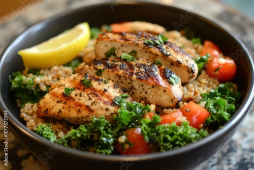 Grilled Chicken, Quinoa, Kale, and Tomato Bowl