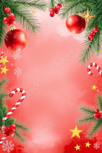 Christmas scene, festive border, pine branches, red ornaments, holly berries, candy canes, golden stars, coral pink background, holiday decorations, seasonal frame, vibrant colors, ornate details, tex