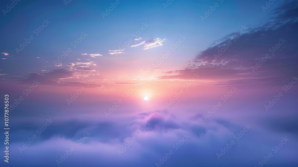 A mysterious sunset with soft light piercing through a foggy sky, creating a dreamlike and serene atmosphere.