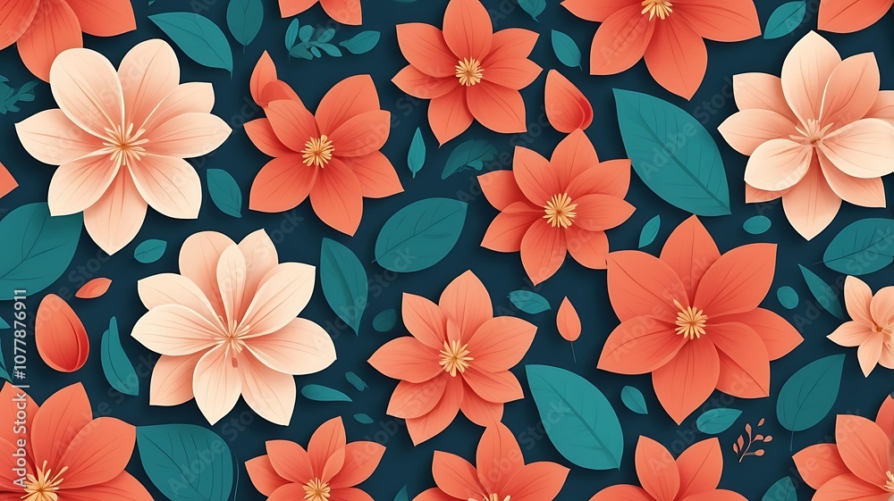 Abstract Floral Pattern with Coral and Peach Flowers and Teal Leaves on a Deep Blue Background Abstract Floral Pattern with Coral and Peach Flowers and Teal Leaves on a Deep Blue Background