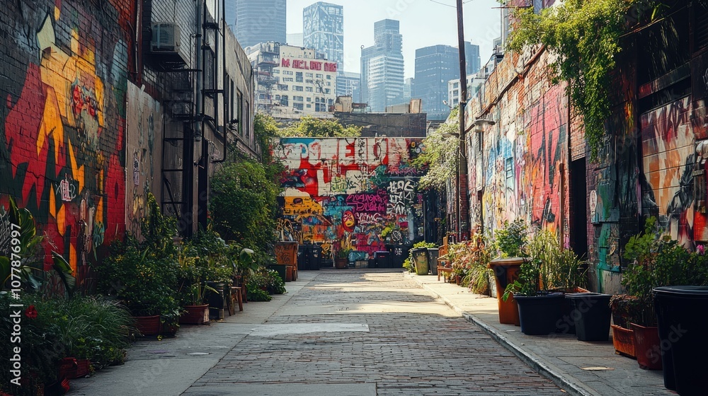 Fototapeta premium Graffiti alley with lush plants and skyscrapers in background