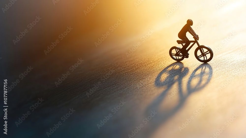 Obraz premium Silhouette of a Miniature Cyclist on a Reflective Surface with Soft Light Creating Dramatic Shadows During Sunset or Sunrise for Stunning Visual Impact