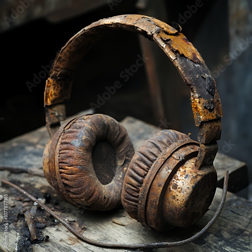 Rusted headphones on a wooden surface, signifying the passage of time and the end of an era.