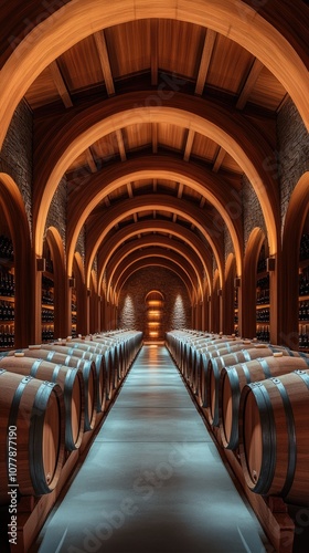 Wine cellar with barrels and wooden arches creating a long perspective path