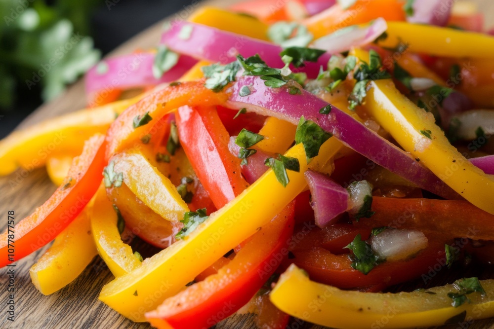 Close-up of Sliced Yellow, Red, and Purple Peppers with Herbs