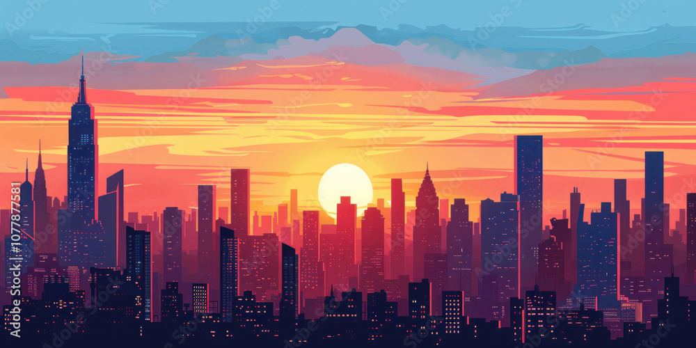 Fototapeta premium A panoramic view of a sunset over a sprawling urban skyline, with the buildings silhouetted against the glowing sky.