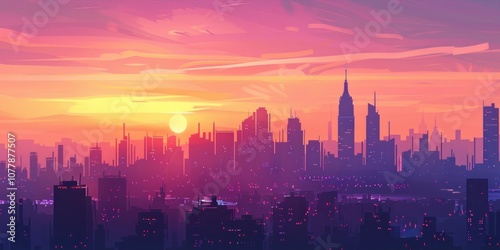 A panoramic view of the sunrise over a sprawling city, with the skyline silhouetted against the glowing sky.