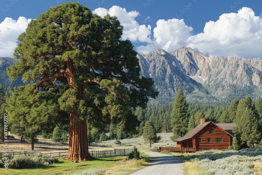 Majestic western juniper tree dominating landscape with log cabin and mountains Majestic western juniper tree dominating landscape with log cabin and mountains