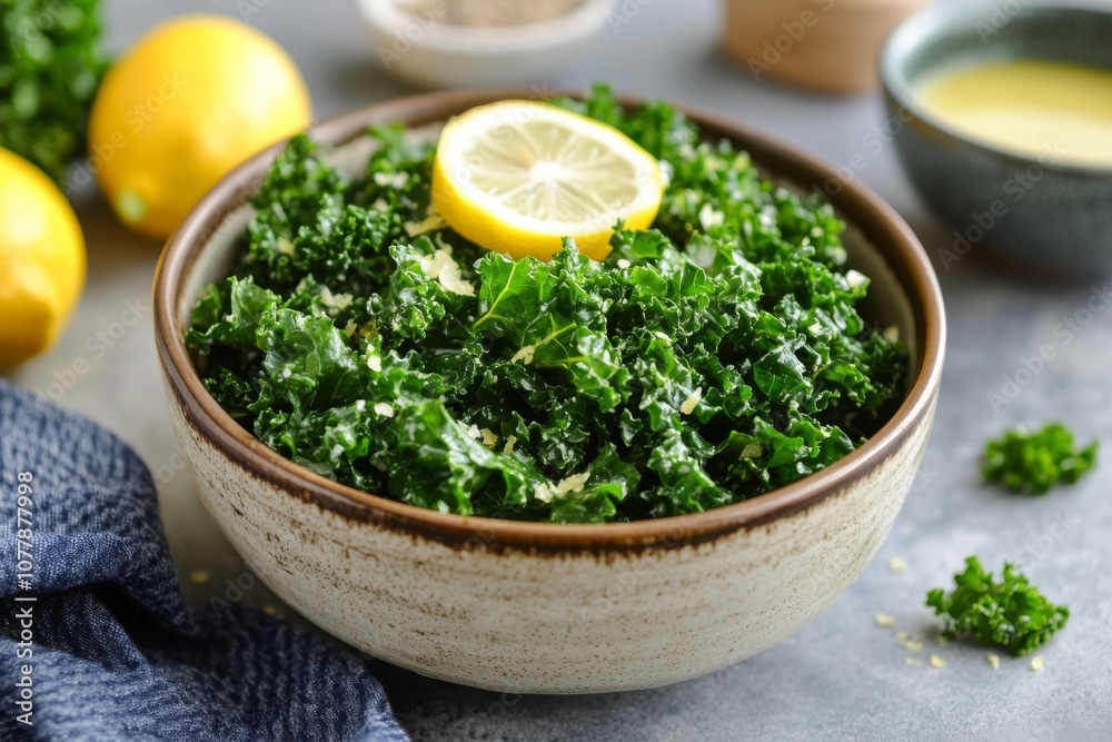 Bowl of Green Kale Salad with Lemon Wedge and Sesame Seeds Bowl of Green Kale Salad with Lemon Wedge and Sesame Seeds