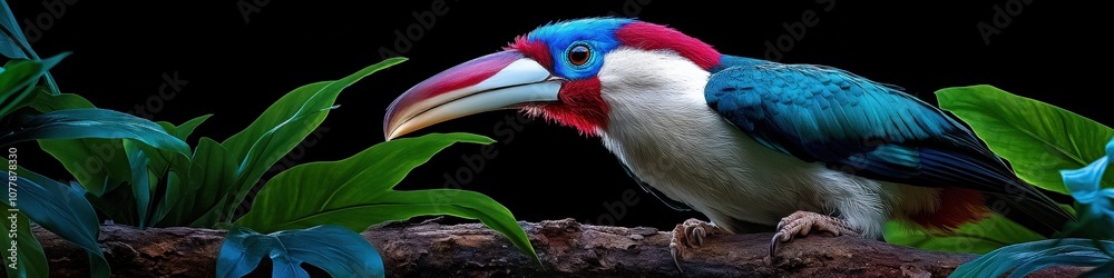 Naklejka premium Majestic Tropical Toucan Perched on Jungle Branch with Vibrant Plumage and Exotic Foliage, Bright Colors Against Dark Background in Lush Rainforest Habitat