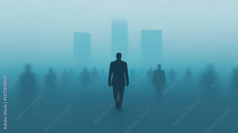 A mysterious scene with shadowy figures walking through a foggy urban landscape, emphasizing isolation and anonymity. A mysterious scene with shadowy figures walking through a foggy urban landscape, emphasizing isolation and anonymity.