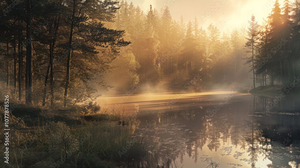 A peaceful hidden lake in a forest at dawn, the mist rising from the water as sunlight filters through the trees