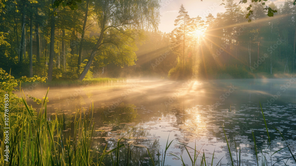 Fototapeta premium A peaceful hidden lake in a forest at dawn, the mist rising from the water as sunlight filters through the trees