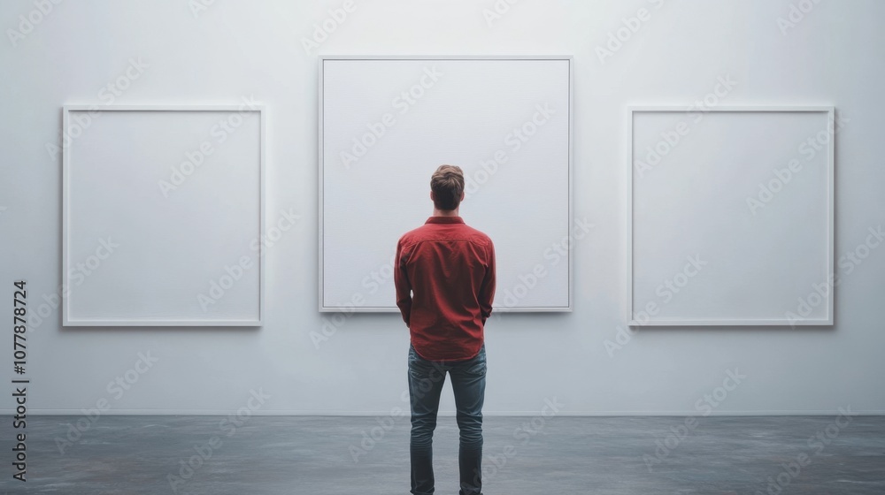 A person stands before three empty frames in a minimalist art gallery, evoking contemplation and the potential for creativity. A person stands before three empty frames in a minimalist art gallery, evoking contemplation and the potential for creativity.